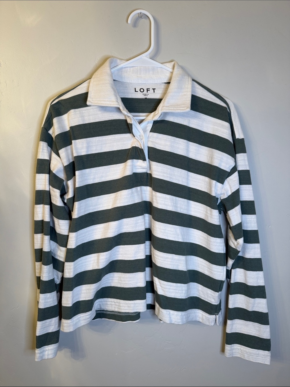 LOFT Long Sleeve Striped Polo - White & Dark Green